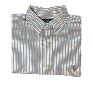 Ralph Lauren Shirt Men 17.5 Blue Collar Classic Oxford Striped Polo Western 80s